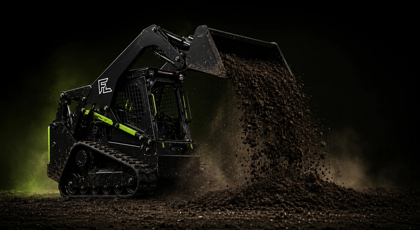 Black skid steer dumping soil for FIELDLGX landscape operations software